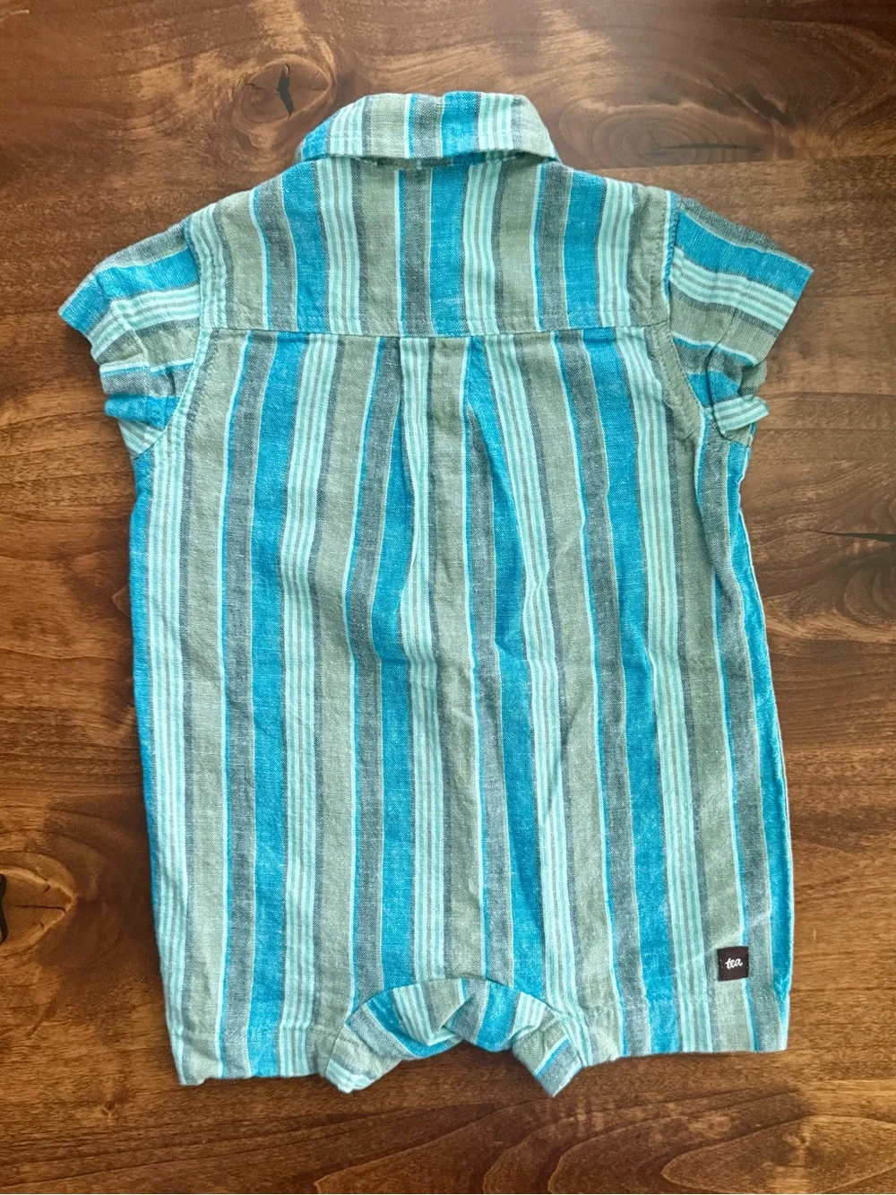 Tea Collection Linen Blend Ocean Coastal Stripe Button Romper Size 6-9 Months